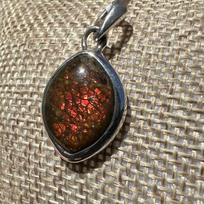 New! Canadian ￼Ammolite Red Yellow Green Sterling Silver 925 Pendant 3.6g