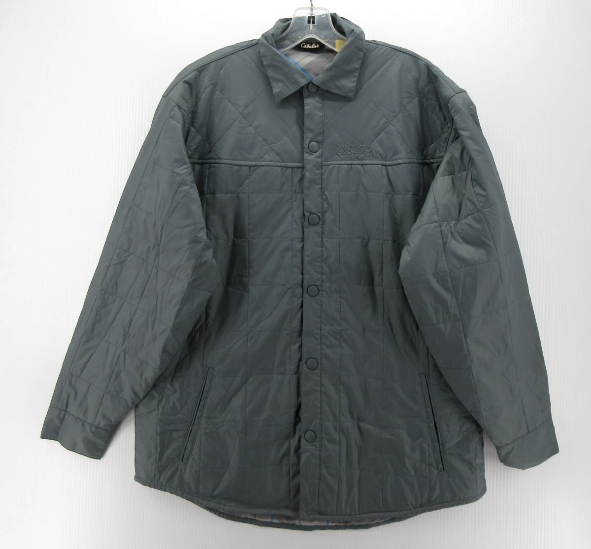 Cabelas Jacket Men Medium Gray Quilted Coat Shacket Snap Front Plaid Lining
