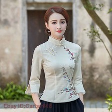Women Chinese QiPao Cheongsam Tops Blouse Tang Suits Casual Slim Retro T-shirts