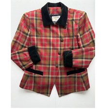 Vintage Kasper Wool Tartan Jacket Blazer 12P Velvet Collar Cuffs Old Money READ