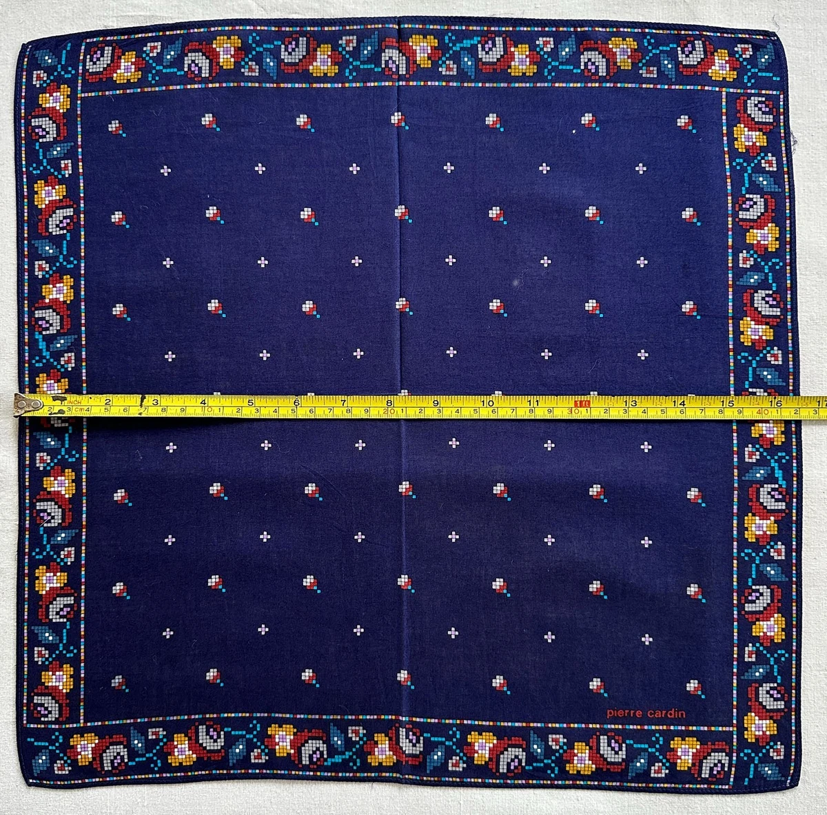 VTG Handkerchief Blue Cotton Floral Cross-Stitch Red Yellow Pocket Square 16"~G
