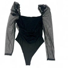 Black Sheer Mesh Ruffle Sleeve Long Sleeve Bodysuit | Size XL