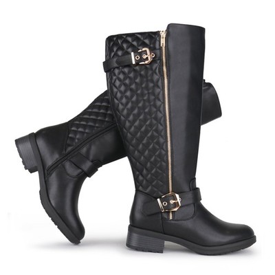 Women's riding boots with extra wide calf, knee high, retro double buckle, chic...