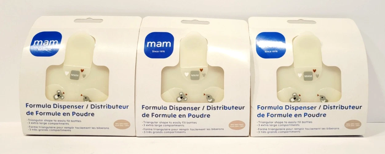 Lot of 3 Mam Baby Formula Dispenser w/ Snap-On Lid 3 Compartments Easy Fill, NEW