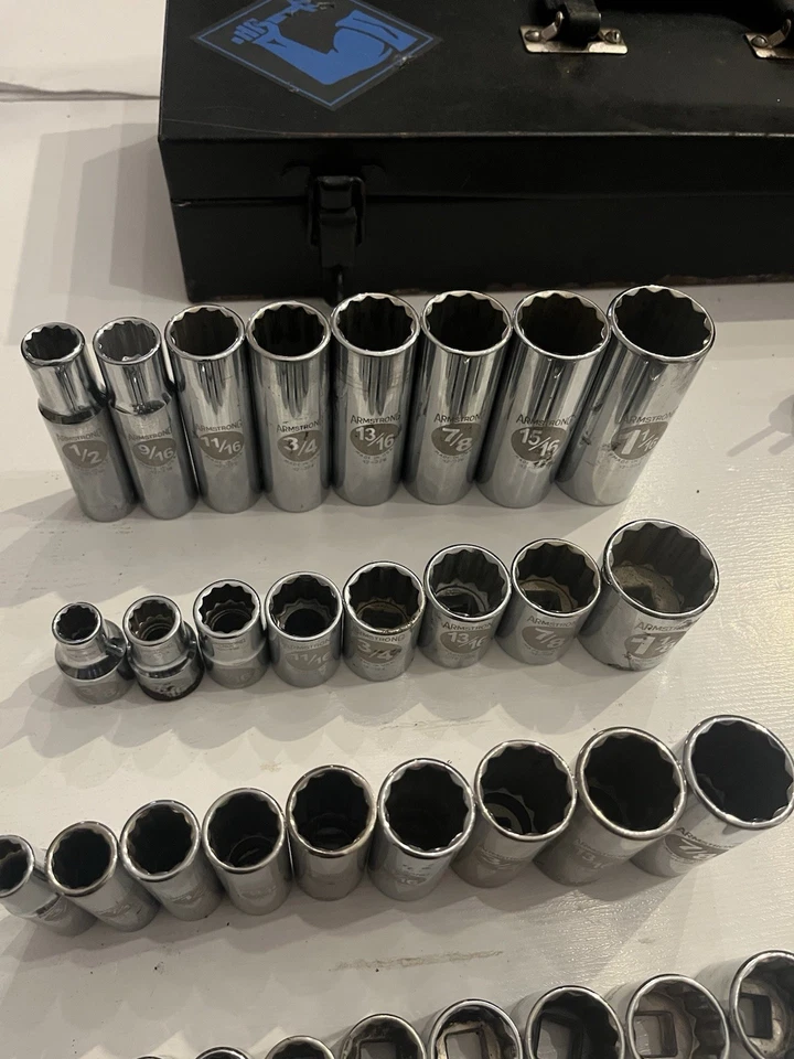 Armstrong Tools 57Pc 3/8”+1/2” Drive Socket Breaker Bar Ratchet Shallow Deep Hex - Image 2 of 4