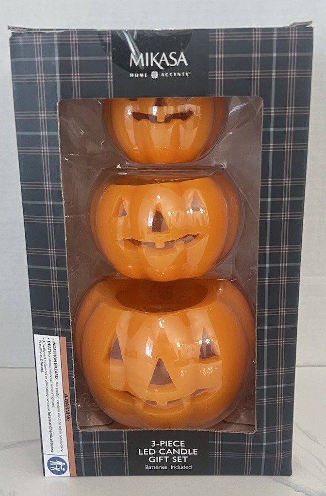 Mikasa Orange Pumpkin LED Candles Set of 3 Flameless Smoke Free 3 Sizes