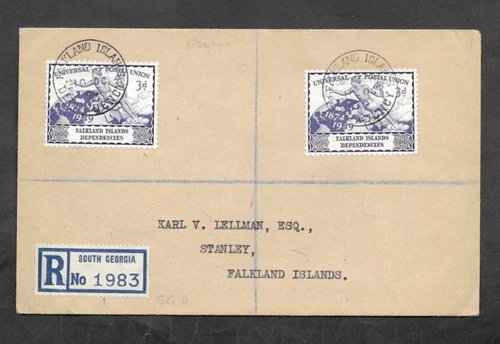 FALKLAND ISLANDS DEPENDENCIES 1949 SOUTH GEORGIA REG'D F.D.C 2xUPU 3d STAMPS.