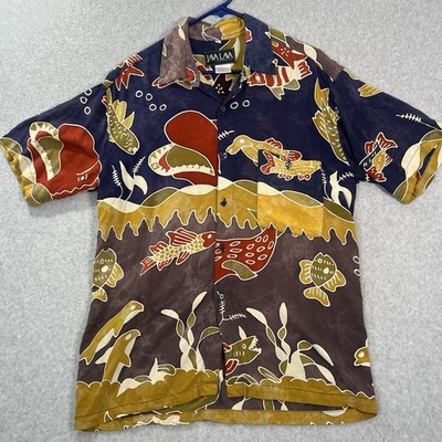 Vtg 90s Java Lava Button Up Mens M Batik Fish Abstract hawaiian