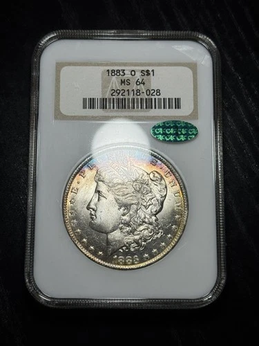 1883-O Morgan Silver Dollar MS 64 CAC. Old NGC “Fatty”, Rainbow Crescent Toning