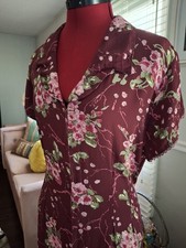 Vintage April Cornell 40s Style Burgundy & Pink Floral Button Maxi Dress Large