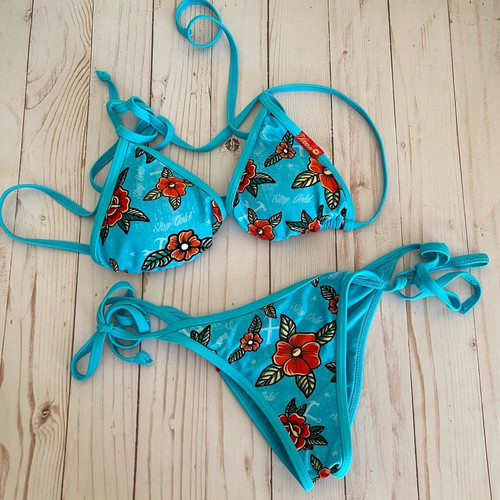 Dixxon Blu Triangolo Micro Bikini Cravatta Lati Rosa Stampa Tatuaggio Stay Gold Small