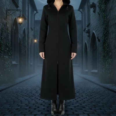 Women's Black Fleece Long Zip Up Hooded Raven Steampunk Coat/Jacket