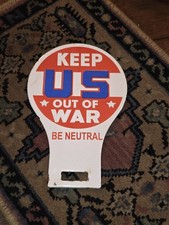 Vintage License Plate Topper Porcelain Keep Us Out Of War Ingram Richardson Mfg