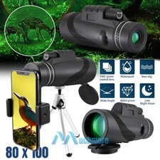 Day/Night Vision 80x100 Zoom HD Monocular Telescope Waterproof Tripod Phone Clip