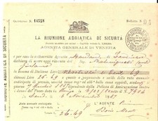 1887 LENDINARA RIUNIONE ADRIATICA SICURTA' Ricevuta conte MALMIGNATI