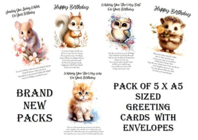 NEU Packung mit 5 verschiedenen Geburtstagskarten im DIN A5-Format mit Umschlägen verschiedene Designs