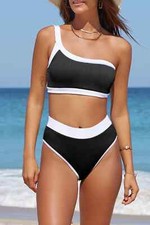 Show Your Beauty On The Beach Contrast Trim Ribbed One-Shoulder Bikini Size L