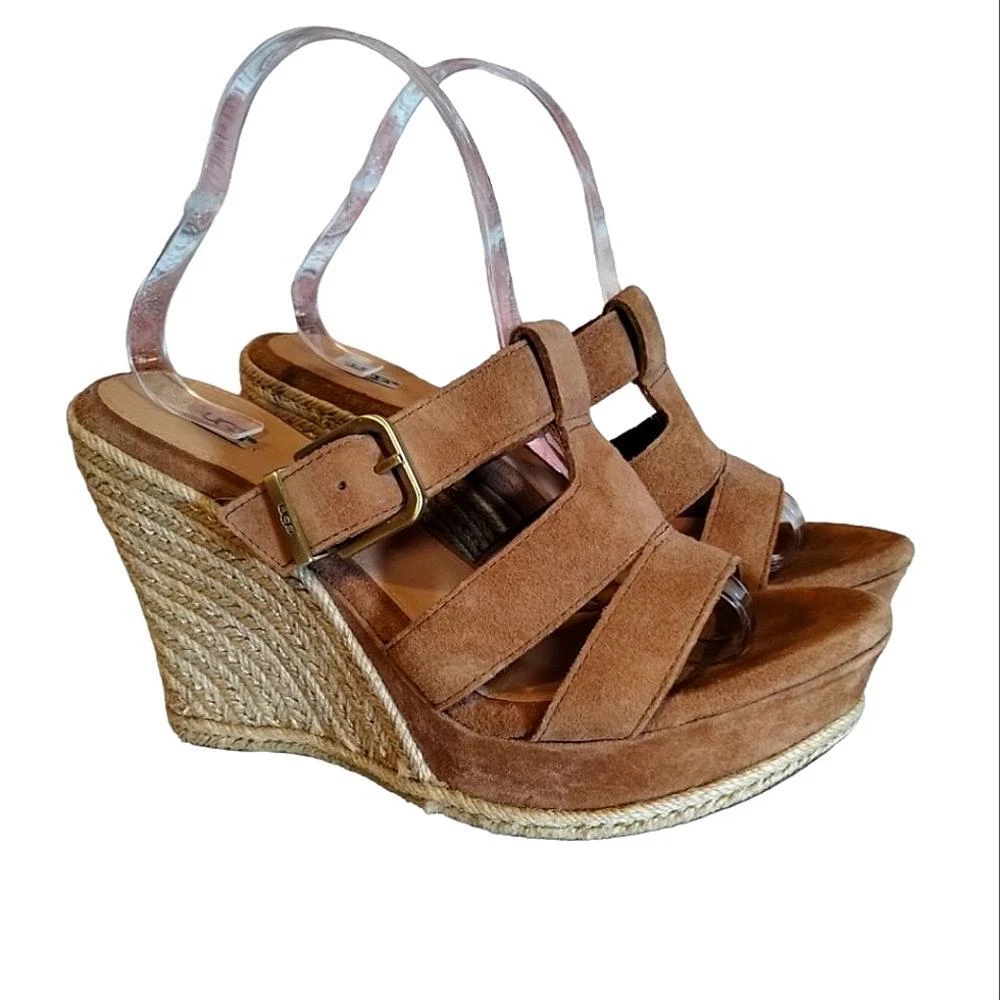 Sandali donna UGG Hedy marroni scamosciati rattan zeppa tacco misura 9