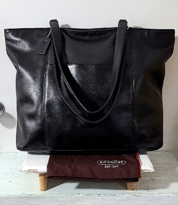 バッグ OLD COACH Large tote bag BLACK RARE Vintage X-Large Coach Black Leather Tote Hand Bag Made