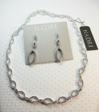 NEW Nadri Rhodium Plated Pave Crystal Link Necklace and Crest Drop Earrings Set