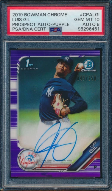 PSA 10/8 LUIS GIL AUTO 1st 2019 Bowman Chrome PURPLE REFRACTOR #/250 RC GEM MINT