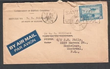 Canada 1942 WWII cover Government of British Columbia Dawson Creek to Picton fwd