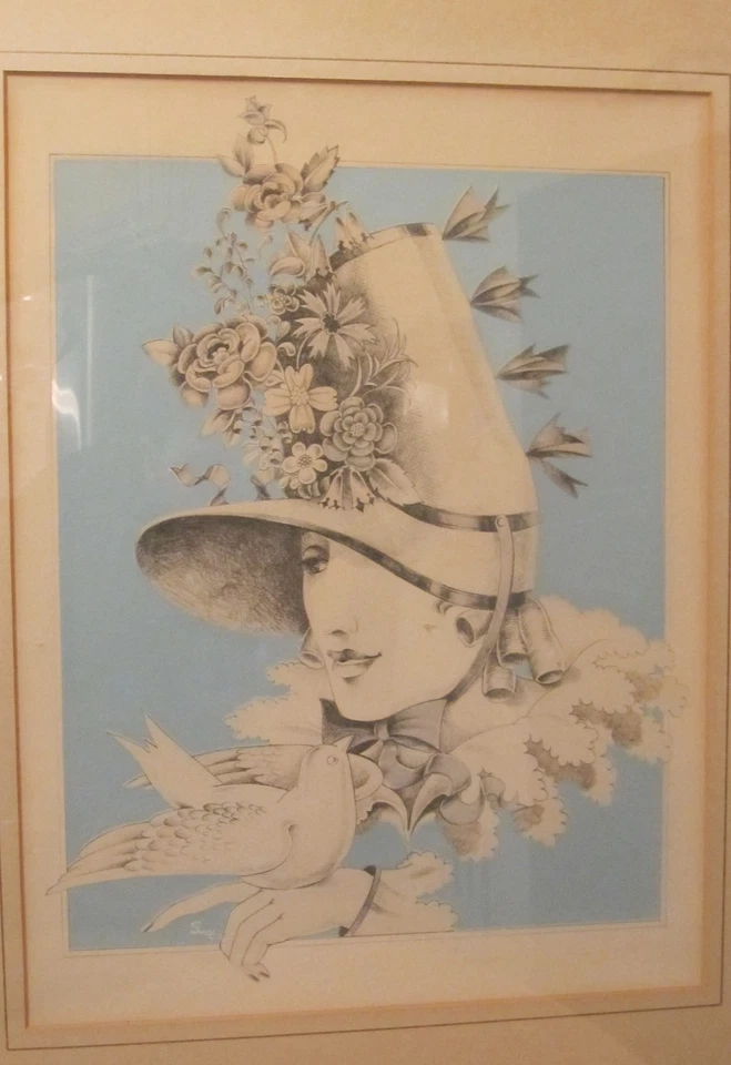 Vintage Original Mujer Pájaro Flor Estilizado Retrato Lápiz Dibujo Pintura Sue Foto 2 de 4