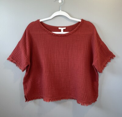 Eileen Fisher Organic Cotton Lofty Gauze Short Sleeve Fringe Crop Boxy Top Sz M