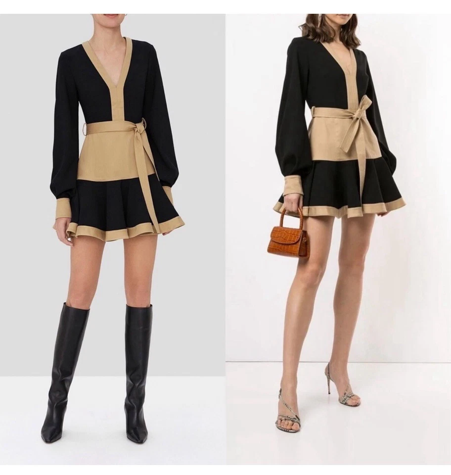 Alexis подпоясанный воздушный шар длинным рукавом мини-платье в черный / желтовато-коричневый Colorblock EUC - Изображение 2 из 4