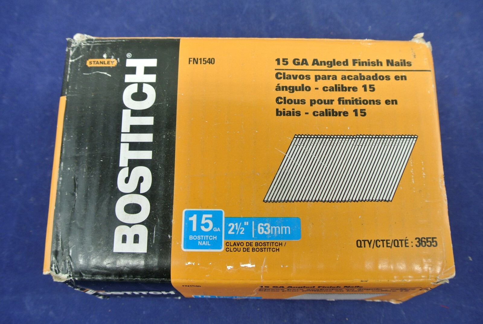BOSTITCH 15 GA ANGLED FINISH NAILS, FN1540, 21/2", OPENED BOX 90