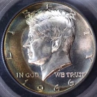 1966 Kennedy Half Dollar PCGS MS67 SMS, Dual Crescent Rainbow Toned