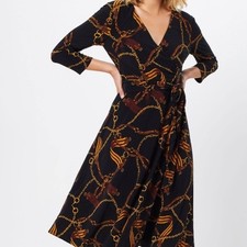 Lauren Ralph Lauren Black Gold Chain Print Faux Wrap Midi Dress