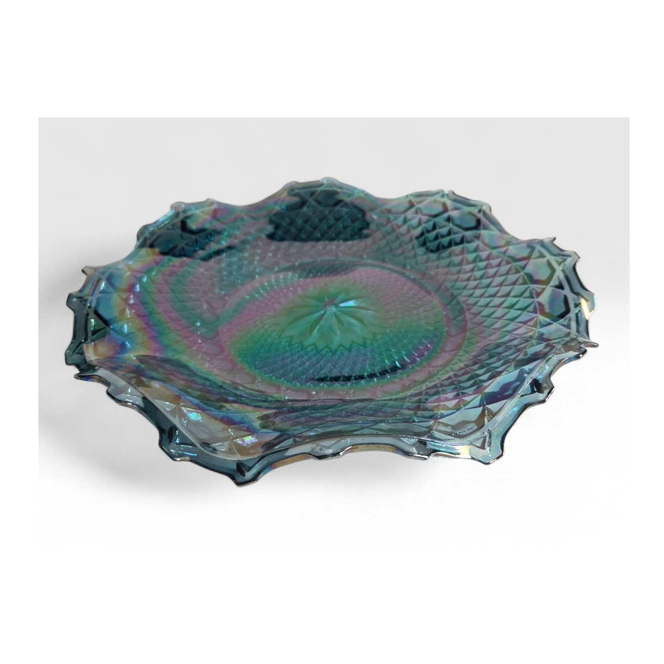 Blue Carnival Glass Bowl 10.5” Starburst Diamond Iridescent Ruffled Edge EUC
