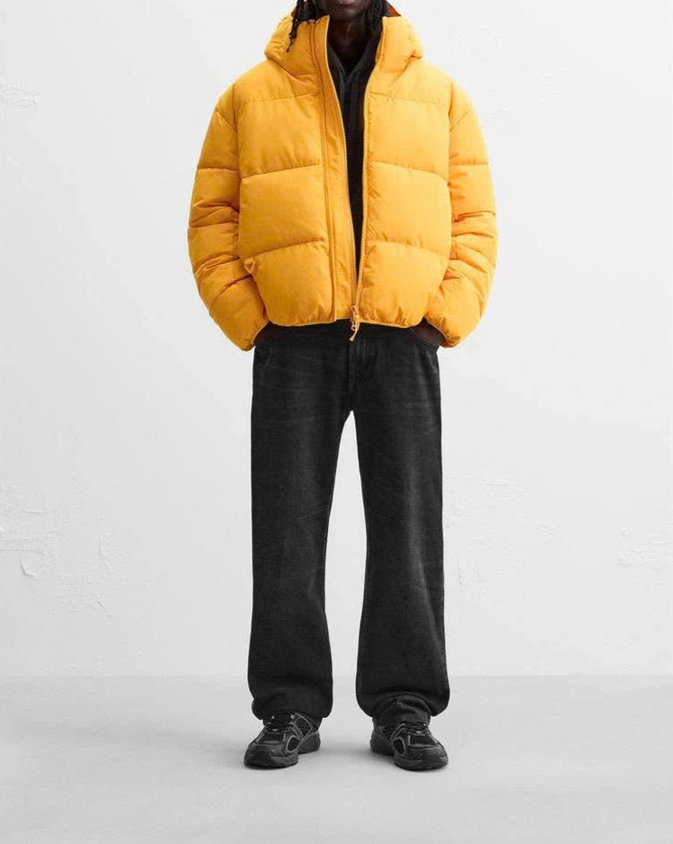 Zara Yellow Puffer jacket hooded zip water repellent Mens size L Large 6985/322 image 2