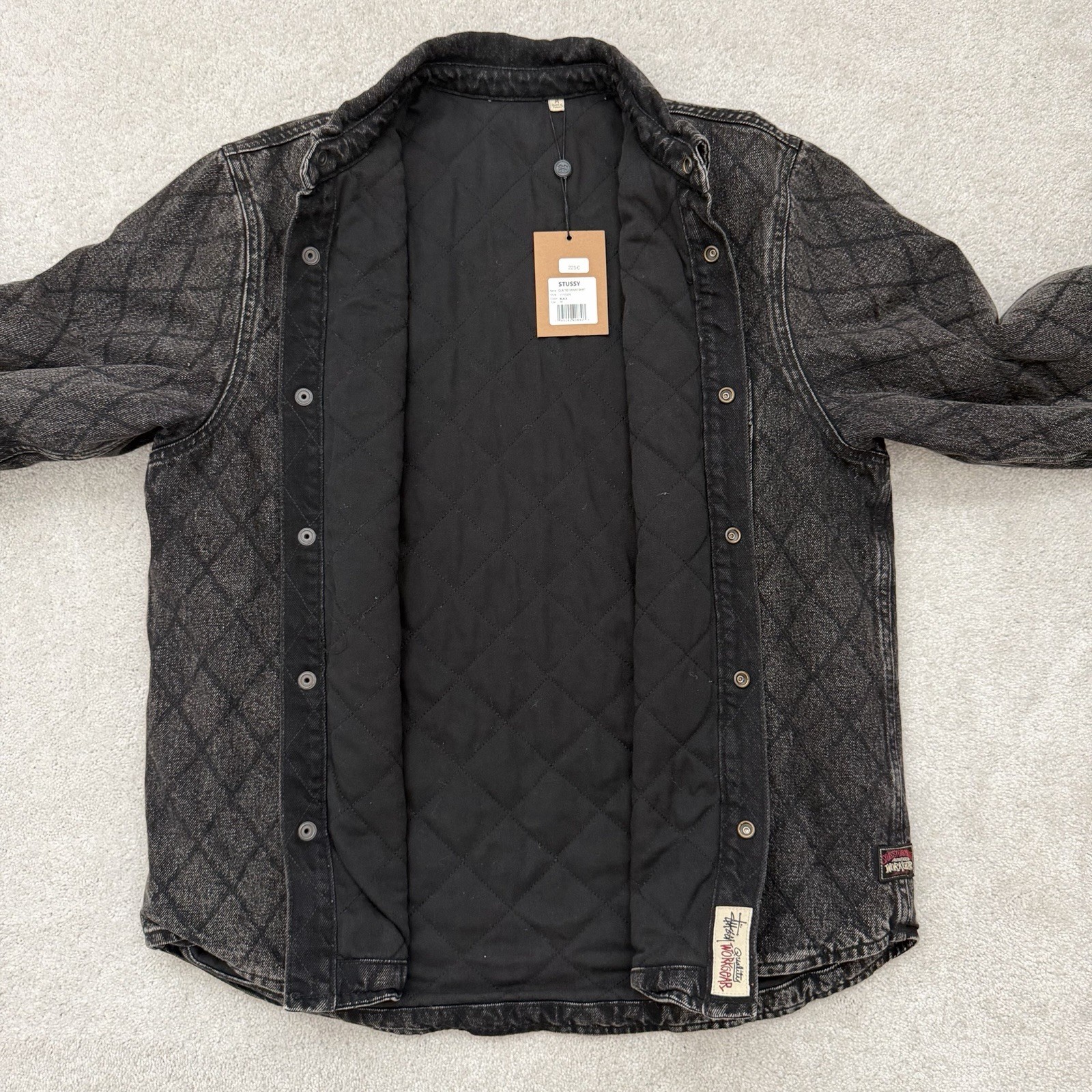NEW Stussy Workgear Denim Jacket Men's Medium Black Quilted Snap Up Streetwear thumbnail 3