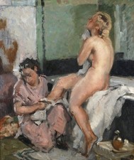 c. 1930 LARGE FRENCH OIL ON CANVAS - LA BAIGNEUSE - MONOGRAMMED