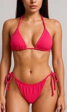 Zaful Hot Pink Ribbed Bikini Set Women’s L | 2 Piece Tie String Triangle Swim