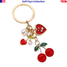 Cute Cherry Heart Keychain Bag Charm Red Fruit Gold Pendant Key Ring Gift
