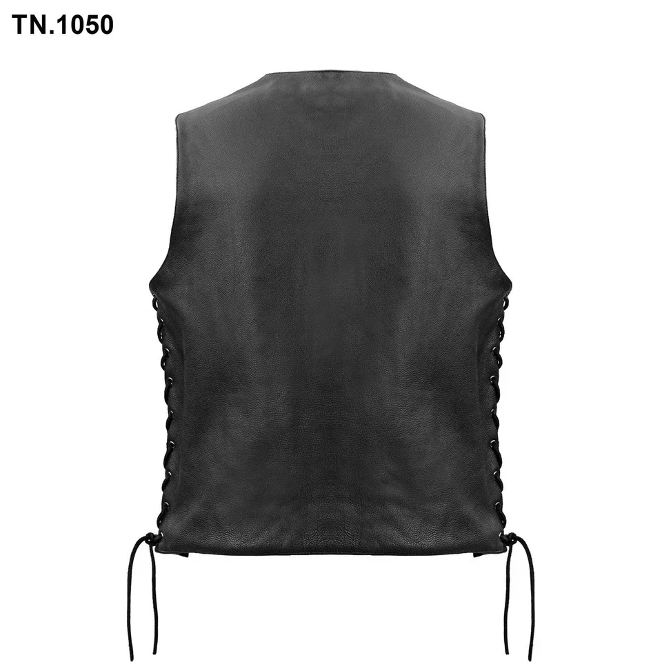 Black Leather Vest Motorcycle Biker Side Lace Up Concealed Carry Pocket Club - product detail image 3