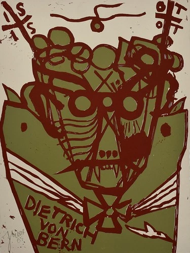 Meese, Dietrich of Bern in Mosaic Blood Skin... [Sign. Original colour woodblock print].