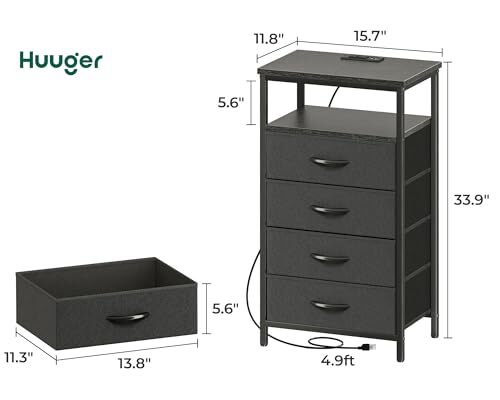 Nachttisch mit Ladestation, Kommode mit 4 Schubladen für 4 Schubladen 1 schwarz - Bild 3 von 7