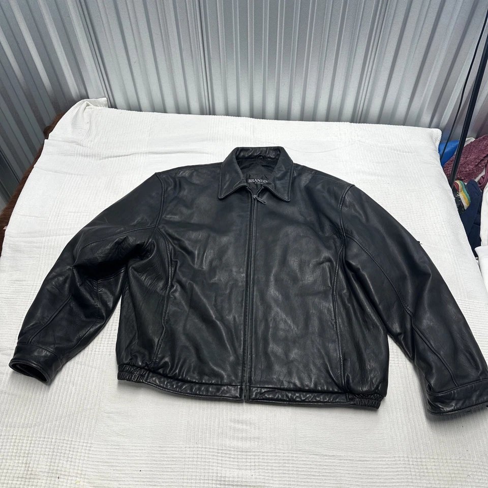 Chaqueta de bombardero negra de cuero suave Brandini para hombre forro acolchado cremallera completa talla XL Foto 2 de 4