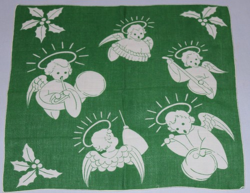 Vintage Christmas Hankie Angels Cherubs with Instruments on Green Background