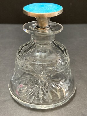 Cut Glass Scent Bottle Sterling Silver + Guilloche Enamel Stopper Art Deco Antiq