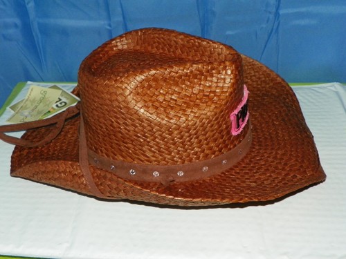 PRIMOS WOMENS OUTDOOR WOVEN WESTERN HAT, AWESOME DARK TAN WITH PINK RHINESTONES - Picture 2 of 8