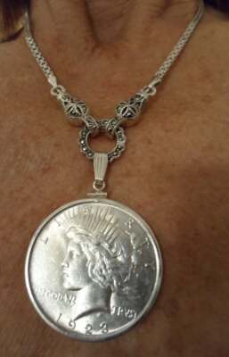 High End ITALIAN STERLING SILVER 17'' BOX CHAIN; Vtg 1923 US Peace Dollar Pendant