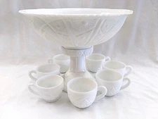 Vintage 1950s McKee Concord Milk Glass Punch Bowl Pedestal Scallop Edge & 7 Cups