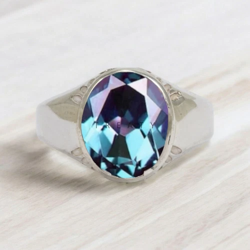 Alexandrite Oval Cut  Gemstone With 14K Solid White Gold Ring For Men's #603
