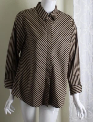 Chico's Sz 1 M Beige Noir Préjugé Rayure No-Iron Haut Chemisier Poli - Photo 1/4