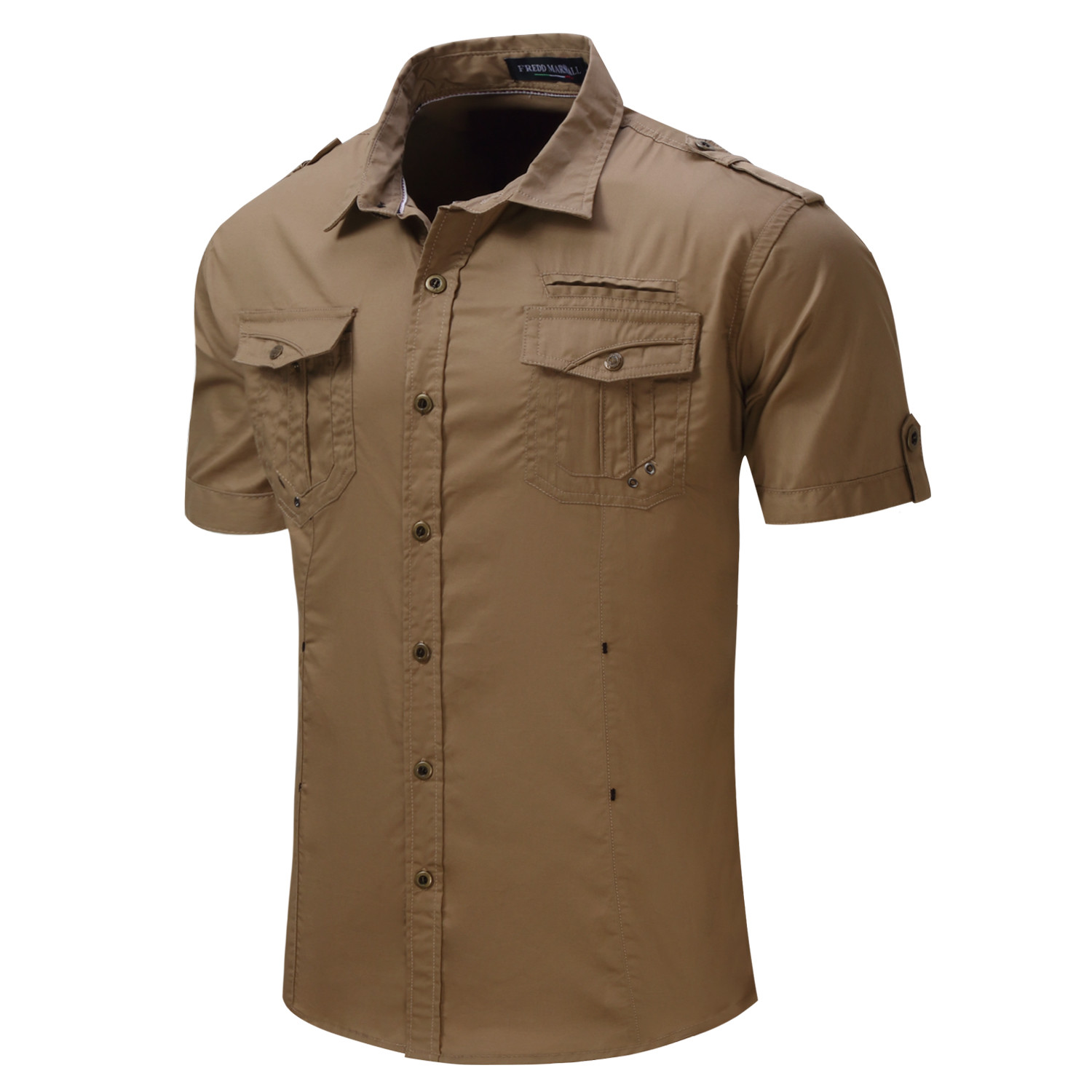 Mens Military Shirt Short Sleeve Double pocket Casual Epaulet Shirt